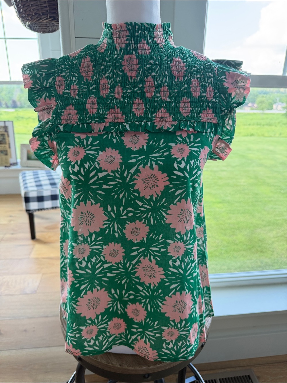 THML Green Floral Smocked Neck Cap-Sleeve Camisole - Pink Print